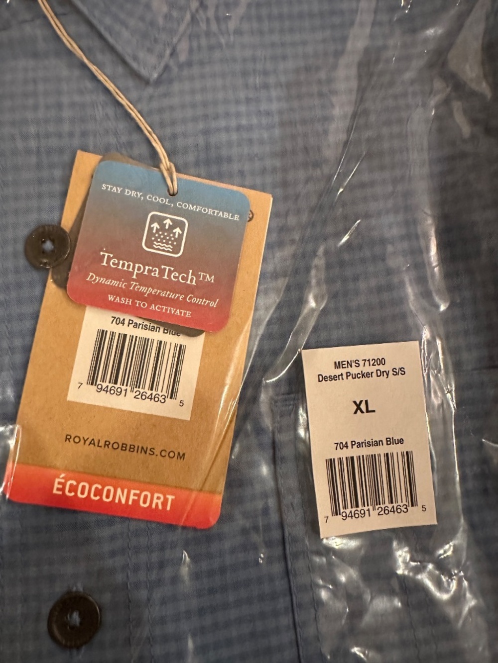 NWT Royal Robbins Men's Desert Pucker Dry S/S shirt-size XL/Color: Parisian Blue - Picture 3 of 3